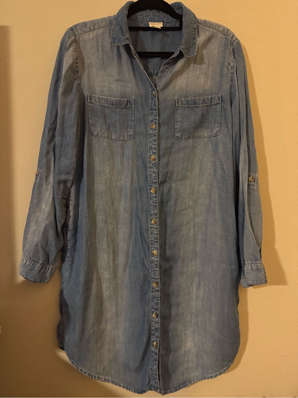 Chico's Women's Blue Solid Denim Shirt Dress Collared Button Size 2